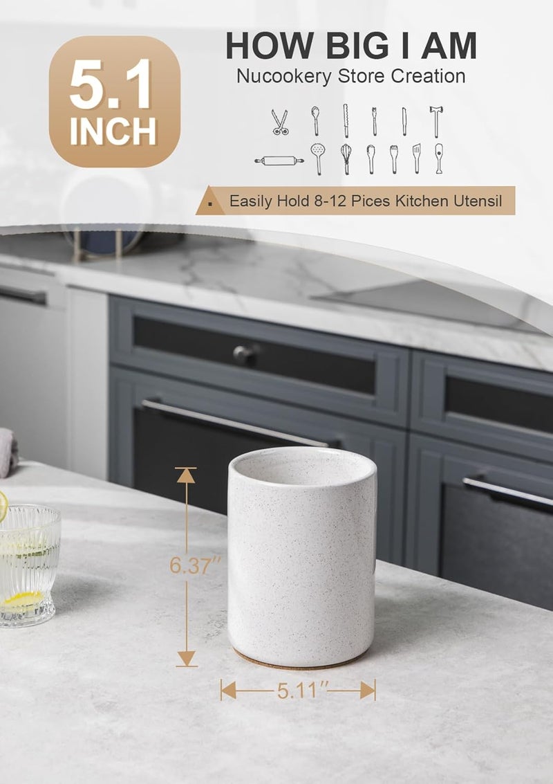 Nucookery Utensil Holder, 6.4" Ceramic Kitchen Utensil Holder for Countertop with Protection Cork Bottom, Vintage Farmhouse Kitchen Decor for Counter, Gift (Sand) - Image 3